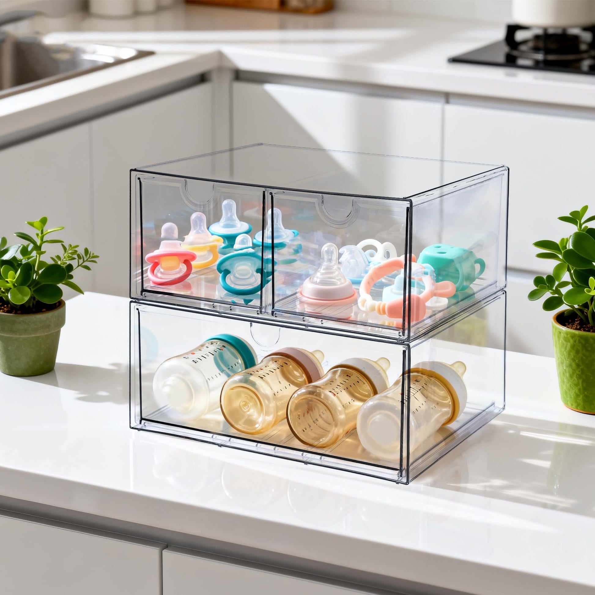 Prsildan Acrylic Drawer Makeup Organizer with 3 Drawers, Clear Stackable Storage for Baby Bottles