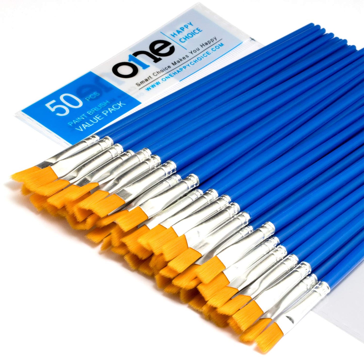 50 Pcs Flat Paint Brushes Value Pack, Synthetic Hair, Short Plastic Handle