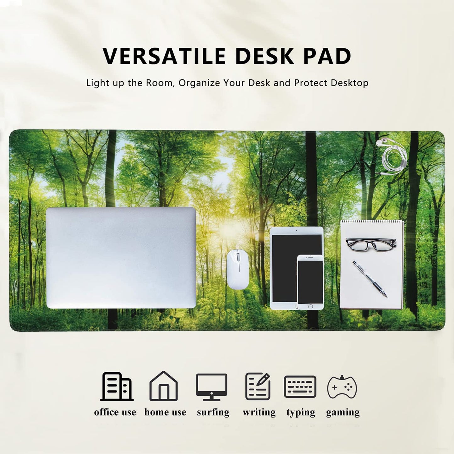 Scenic Forest of Fresh Green Deciduous Trees Extended Gaming Mouse Pad Large Desk Mat with Non-Slip