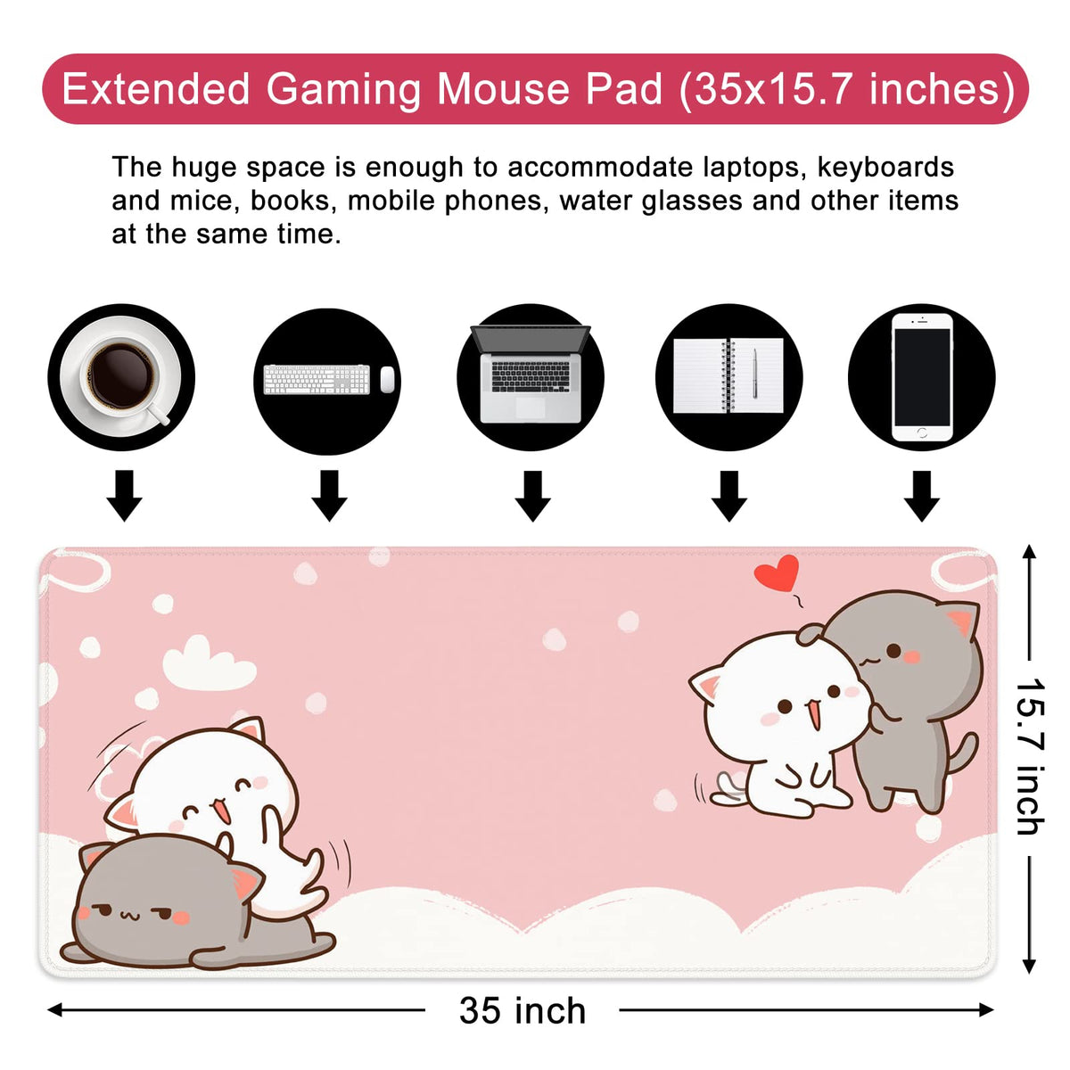 Pink Large Gaming Mouse Pad Cat Desk Mat Cute Mouse Mat 35x15.7x0.12 inch Women Extra Large Desk