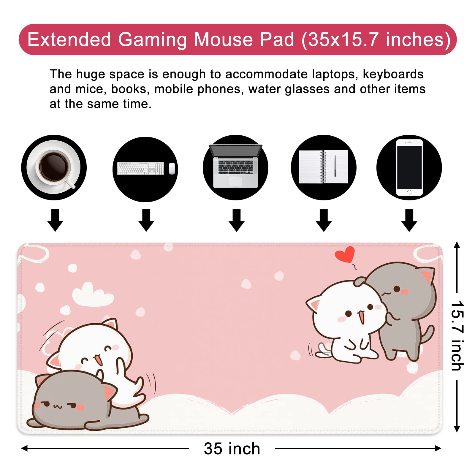 Pink Large Gaming Mouse Pad Cat Desk Mat Cute Mouse Mat 35x15.7x0.12 inch Women Extra Large Desk
