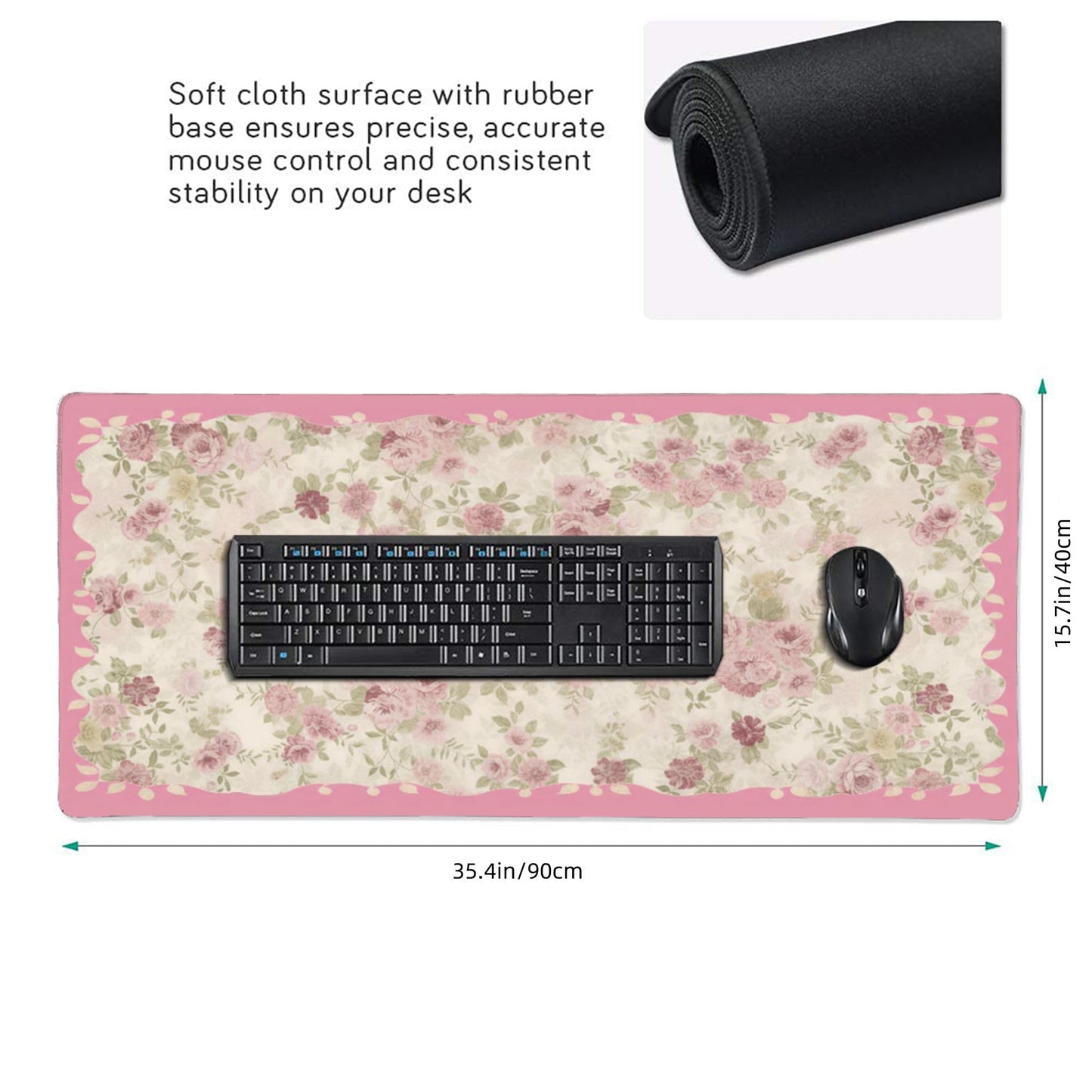 Aesthetic Floral Desk Pad for Women, Pink XXL Large Mouse Pad with Stitched Edges, Non-Slip Office