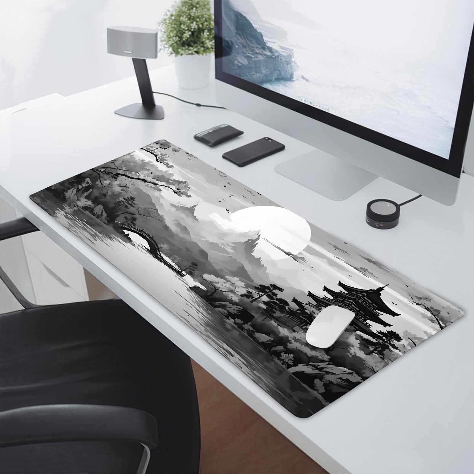 Black Gray Japanese Sakura Gaming Mouse Pad Grey White Cherry Blossom Tower Mountain Aesthetic