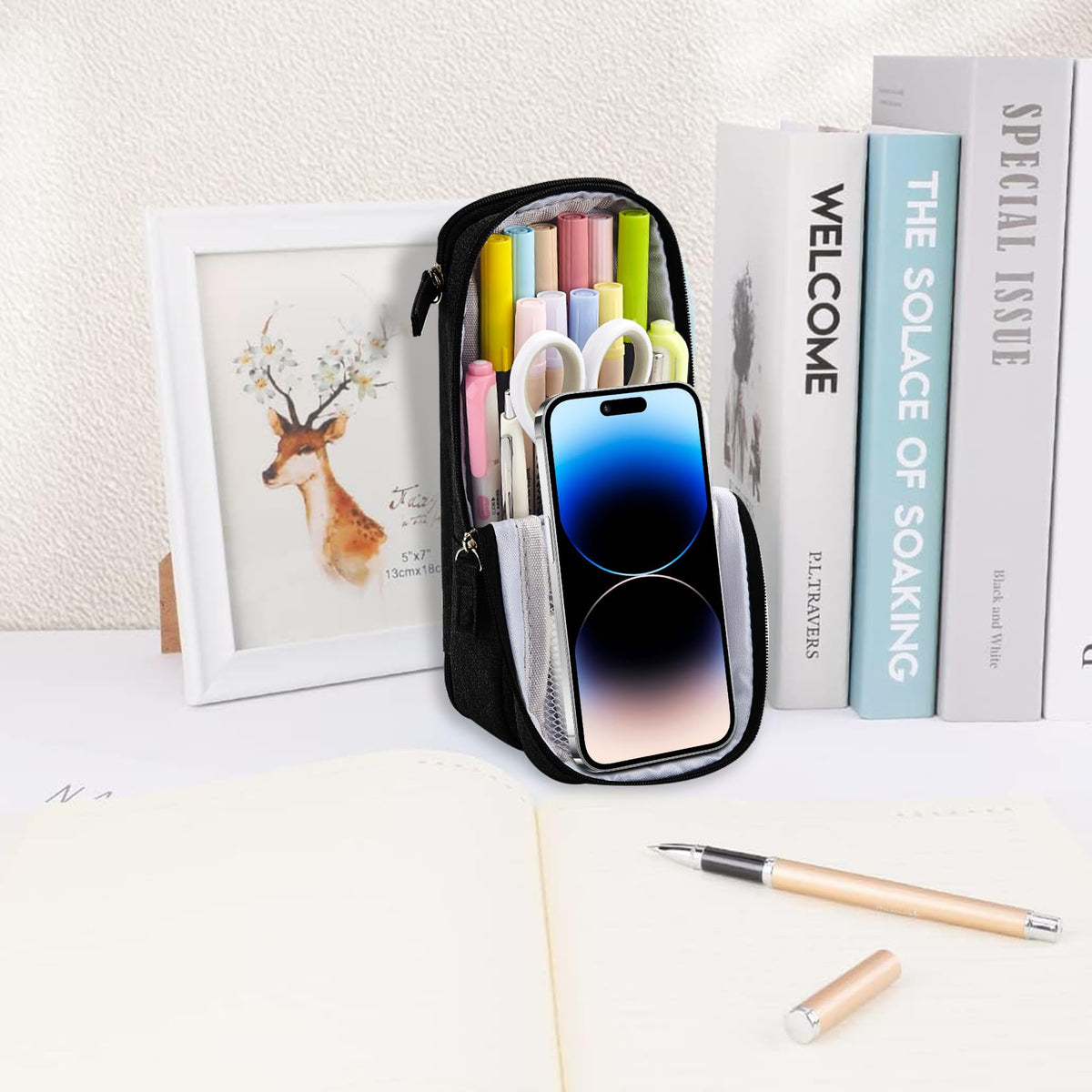 iSuperb Standing Pencil Case 2 Compartments Pencil Pouch Magnetic Mobile Phone Holder Bracket Pen