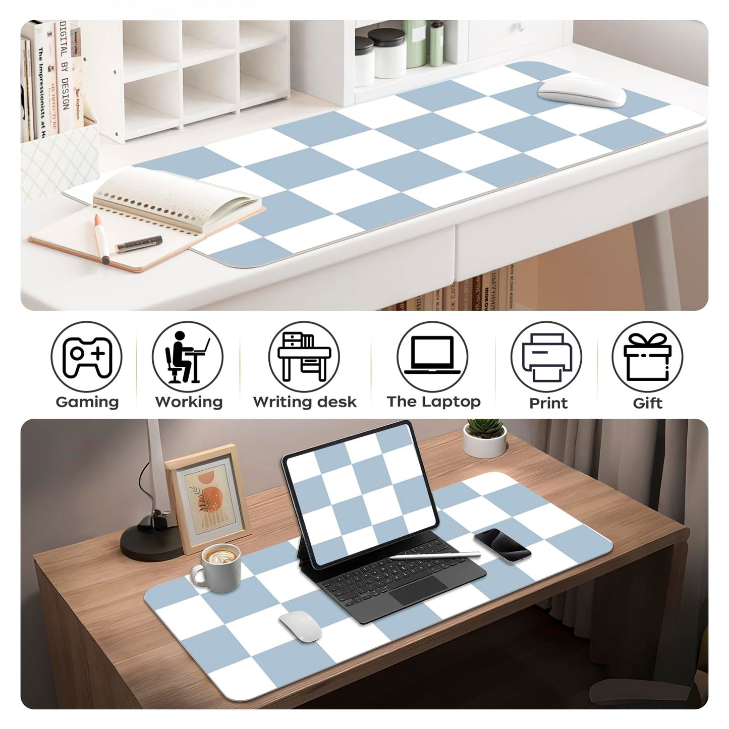 Large Checkered Desk Mat 35.4" x 15.7", PU Leather Desk Pad Protector, Large Mouse Pad for Desk
