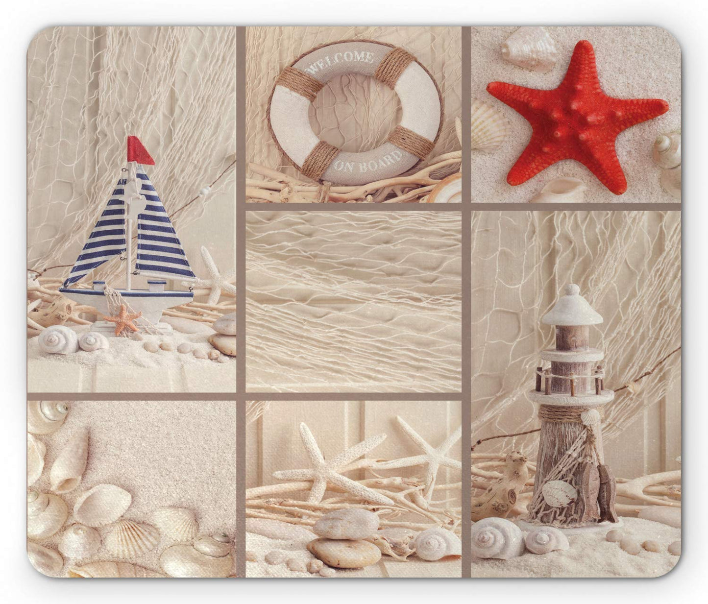 Lunarable Nautical Mouse Pad, Marine Sail Boat Life Starfish Lighthouse Sand Shell Sea Life Collage