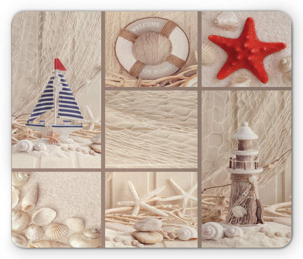 Lunarable Nautical Mouse Pad, Marine Sail Boat Life Starfish Lighthouse Sand Shell Sea Life Collage