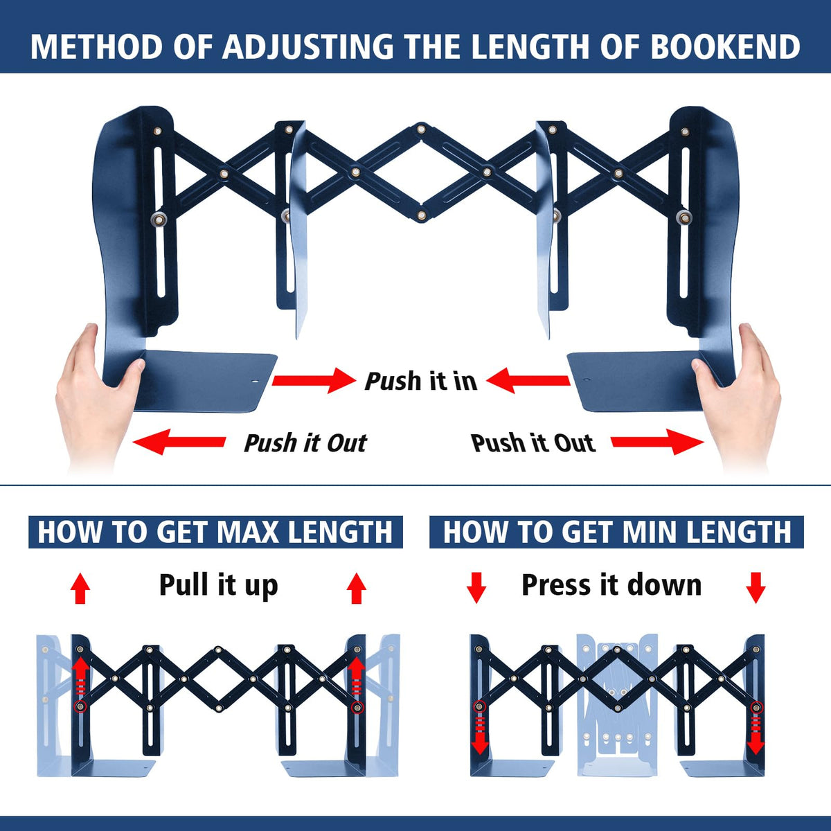 2 Pack Adjustable Metal Book Ends for Heavy Books, Extends Up to 19", Blue