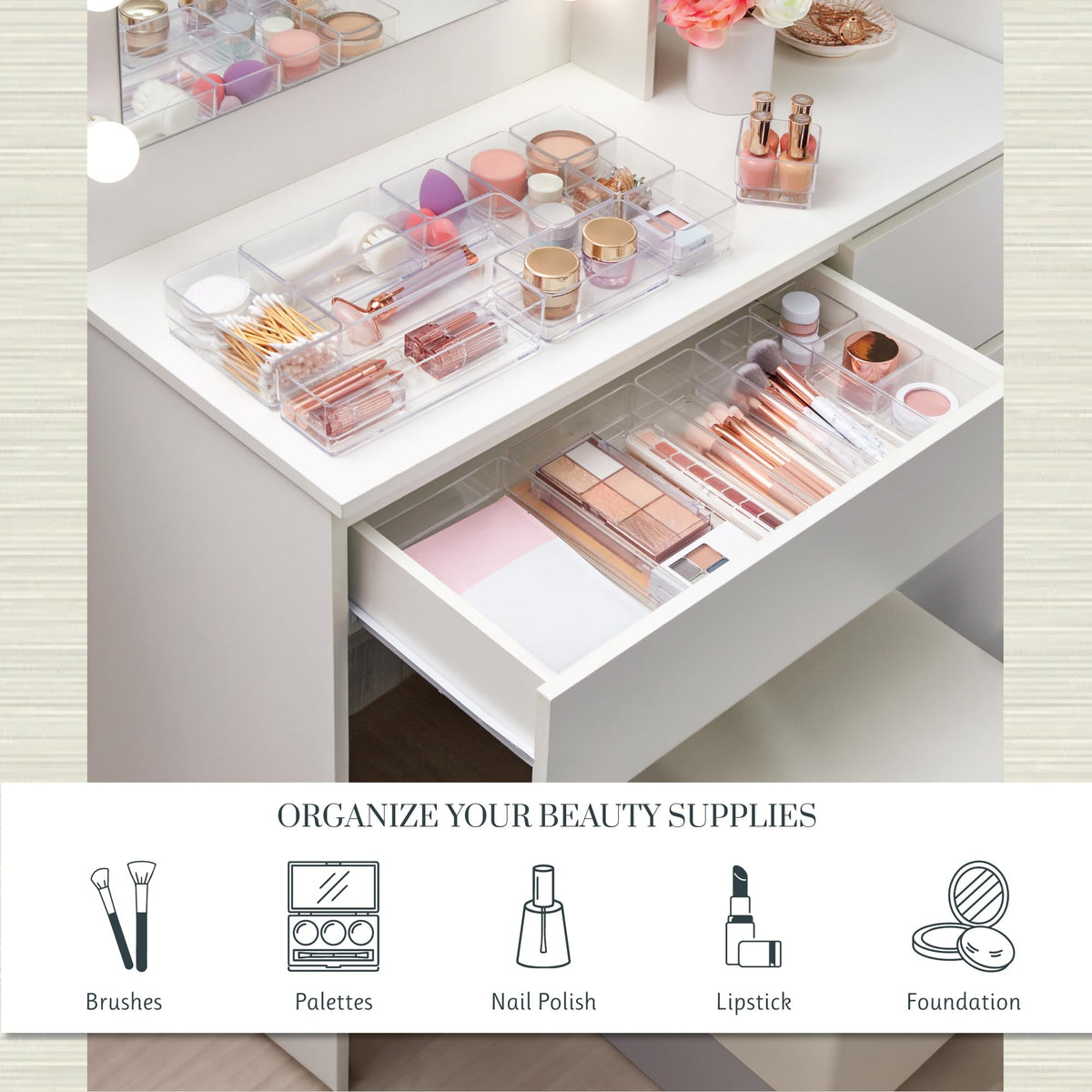 STORi SimpleSort 18-Piece Stackable Clear Drawer Organizer Set | Multi-size Trays | Makeup Vanity