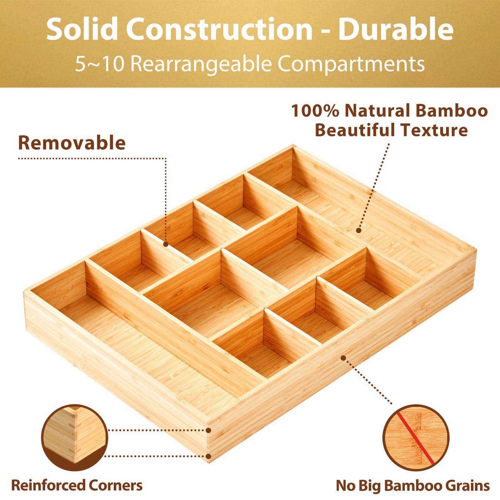 Umilife Extra Large Bamboo Desk Drawer Organizer, Wood Junk Organizer Tray with Adjustable