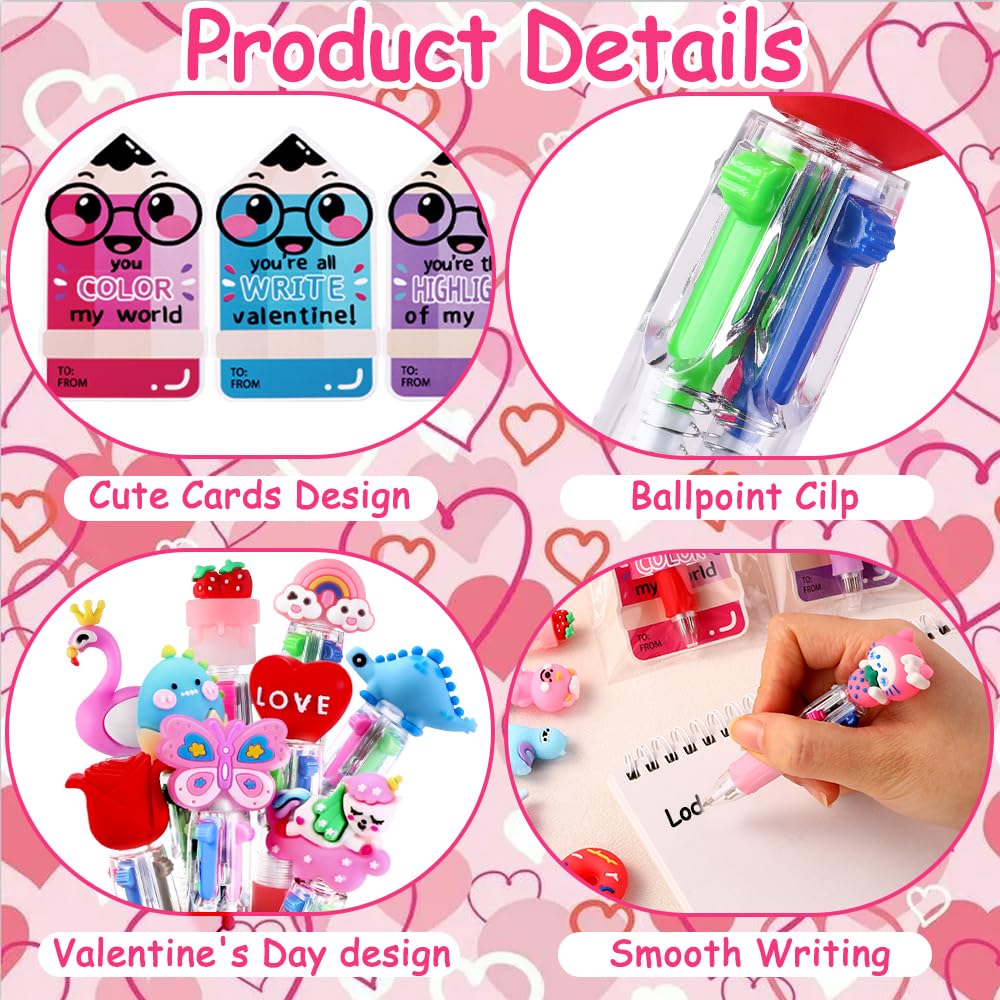30 Pack Valentines Fun Pens with Cards Cute Multicolor 4-in-1 Gift Pens