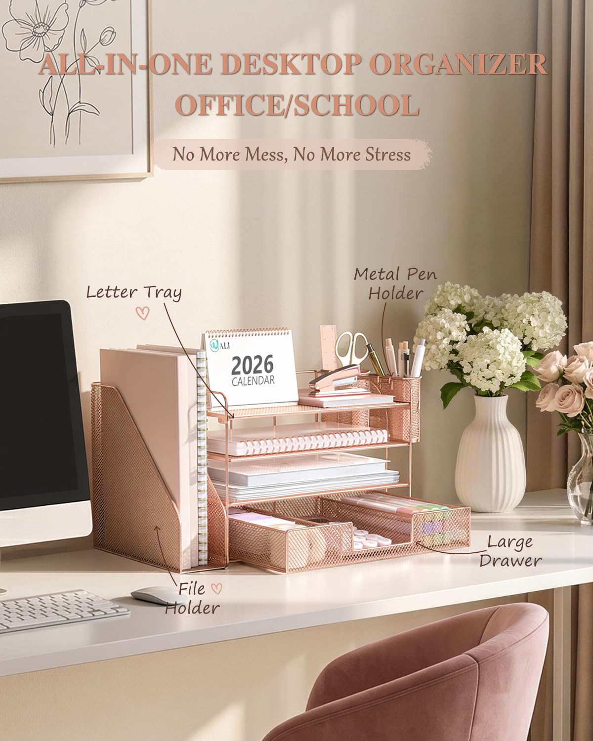 WALI Desk File Organizer, 4 Tier Desktop Paper Letter Tray Organizer with Drawer and 2 Pen Holders