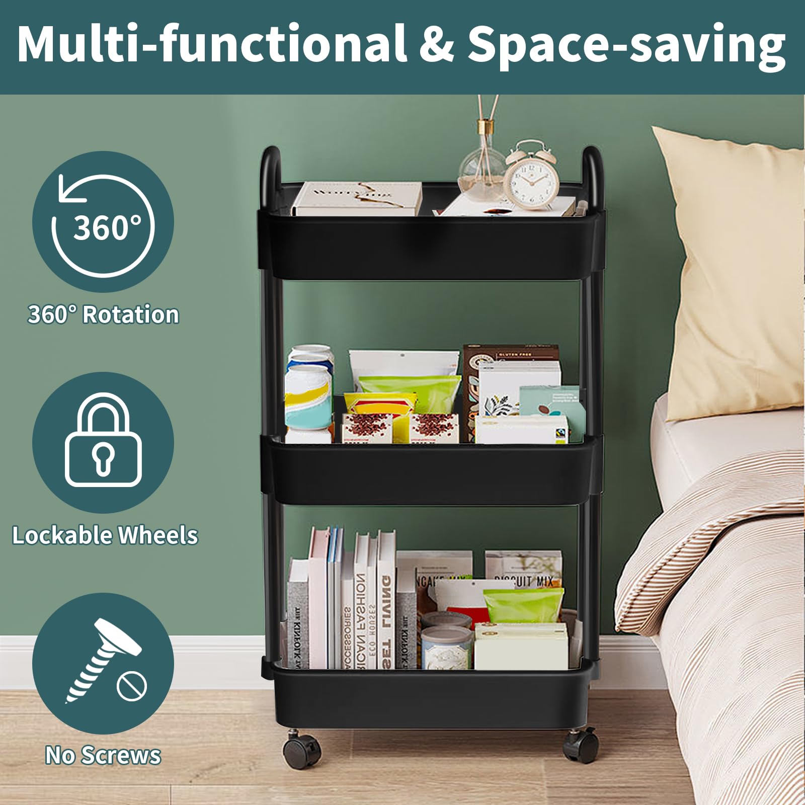 EZ COZY 3 Tier Rolling Cart, Plastic Diaper Cart Organizer with Wheels, Roller Cart for Diapers