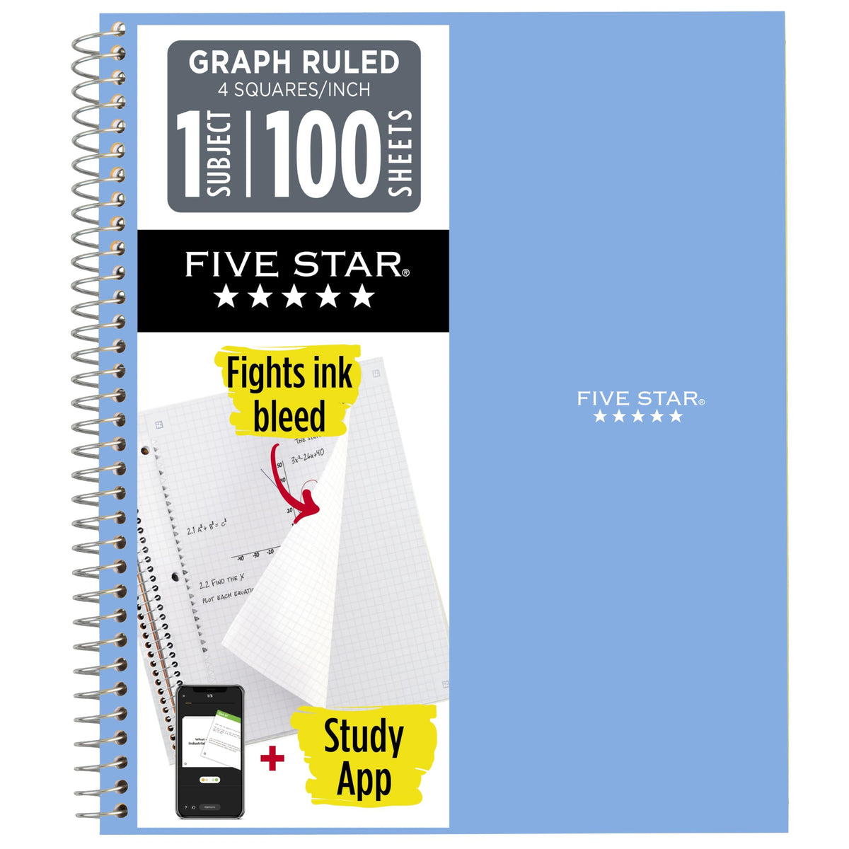 Five Star Spiral Notebook + Study App, 1 Subject, Graph Ruled Paper, 8-1/2" x 11", 100 Sheets