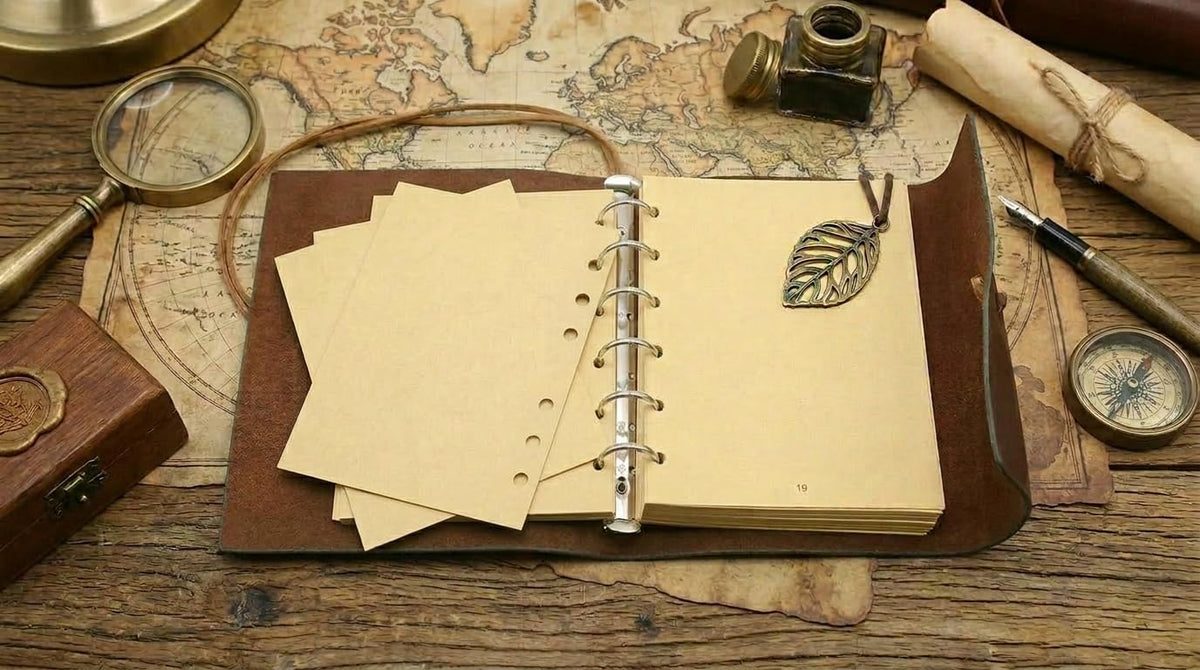 EvZ 7" Vintage Black Leather Journal - Professional B6 Refillable Binder Notebook with Retro Leaf