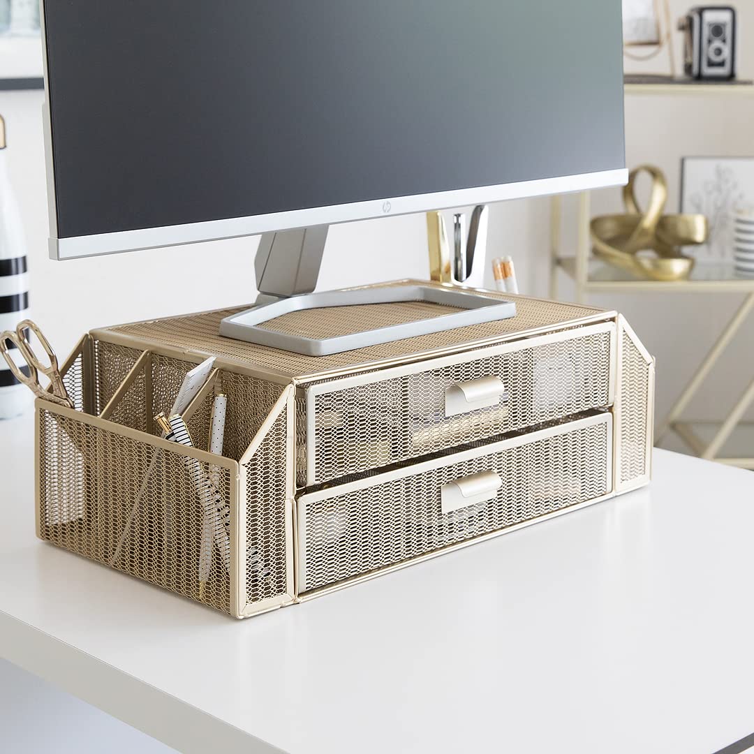 BLU MONACO | Monitor Stand with Drawer Storage | Desk Top Monitor Stand Riser Gold | Computer