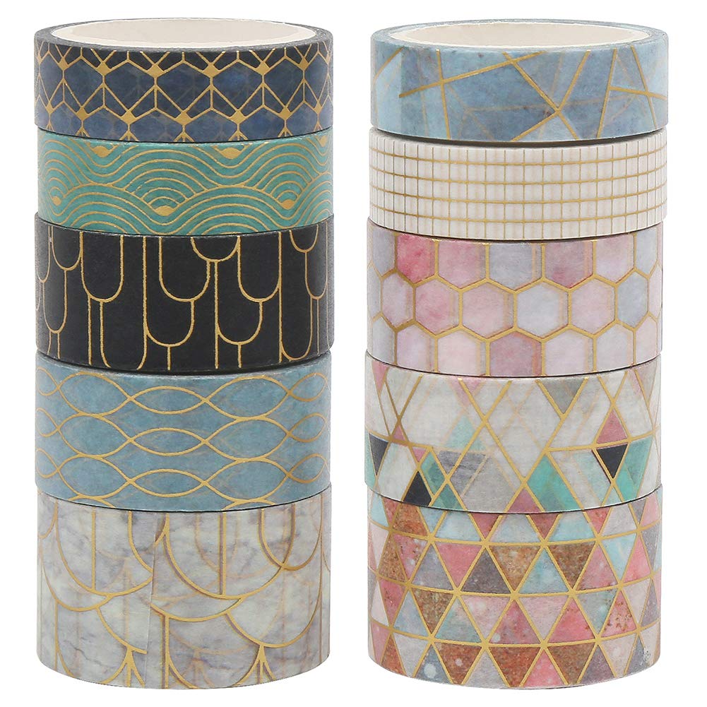 CCINEE 10 Rolls Washi Tape Set,Geometric Gold Foil Decorative Masking Tape for Bullet Journal