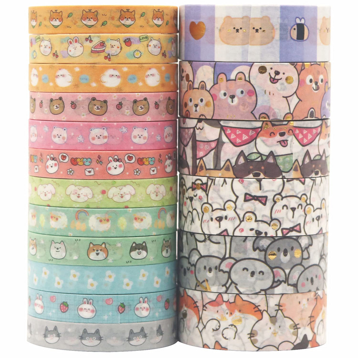 YUBX Cute Pets Washi Tape Set 18 Rolls Skinny Gold Embellishment Decorative Masking Tapes for Arts
