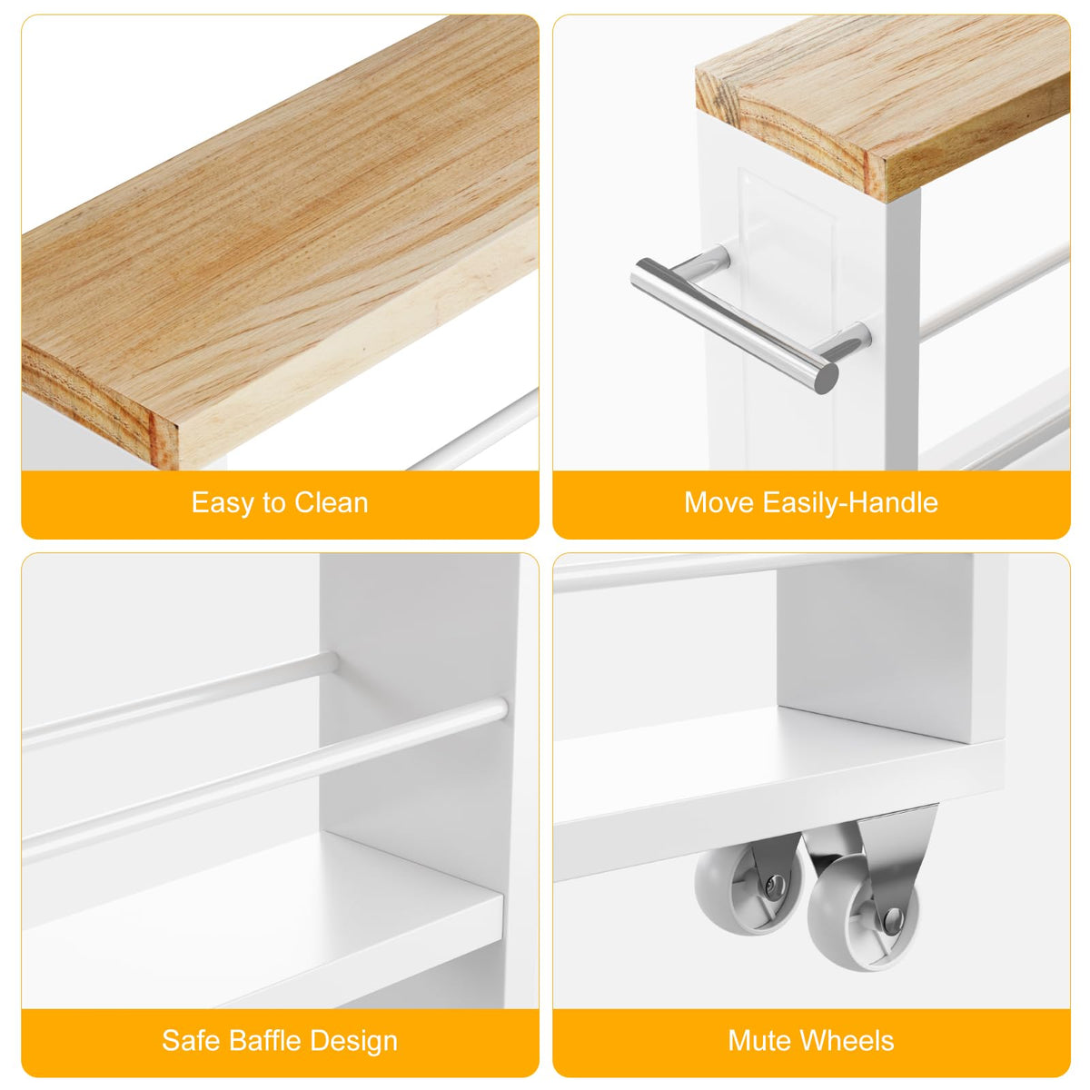 KLM 4 Tier White Slim Storage Cart with Handle, Slide Out Storage Rolling Utility Cart for Kitchen