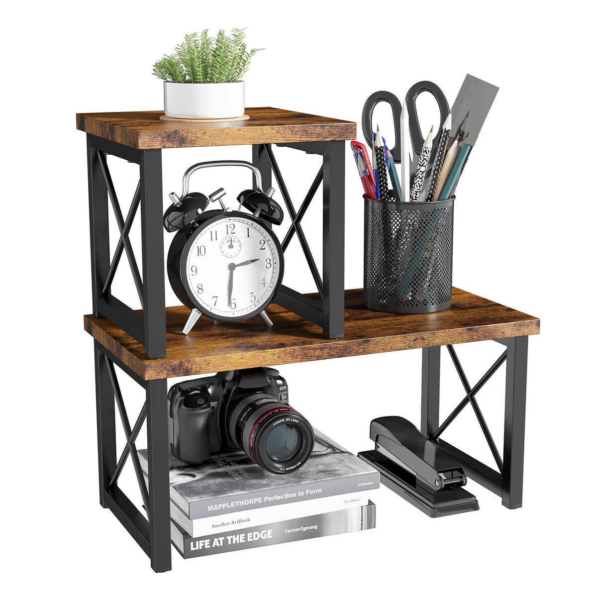 HavenlyYouth Desk Shelf, 2 Tier Wood Desktop Bookshelf, Adjustable Freestanding Stackable Desk