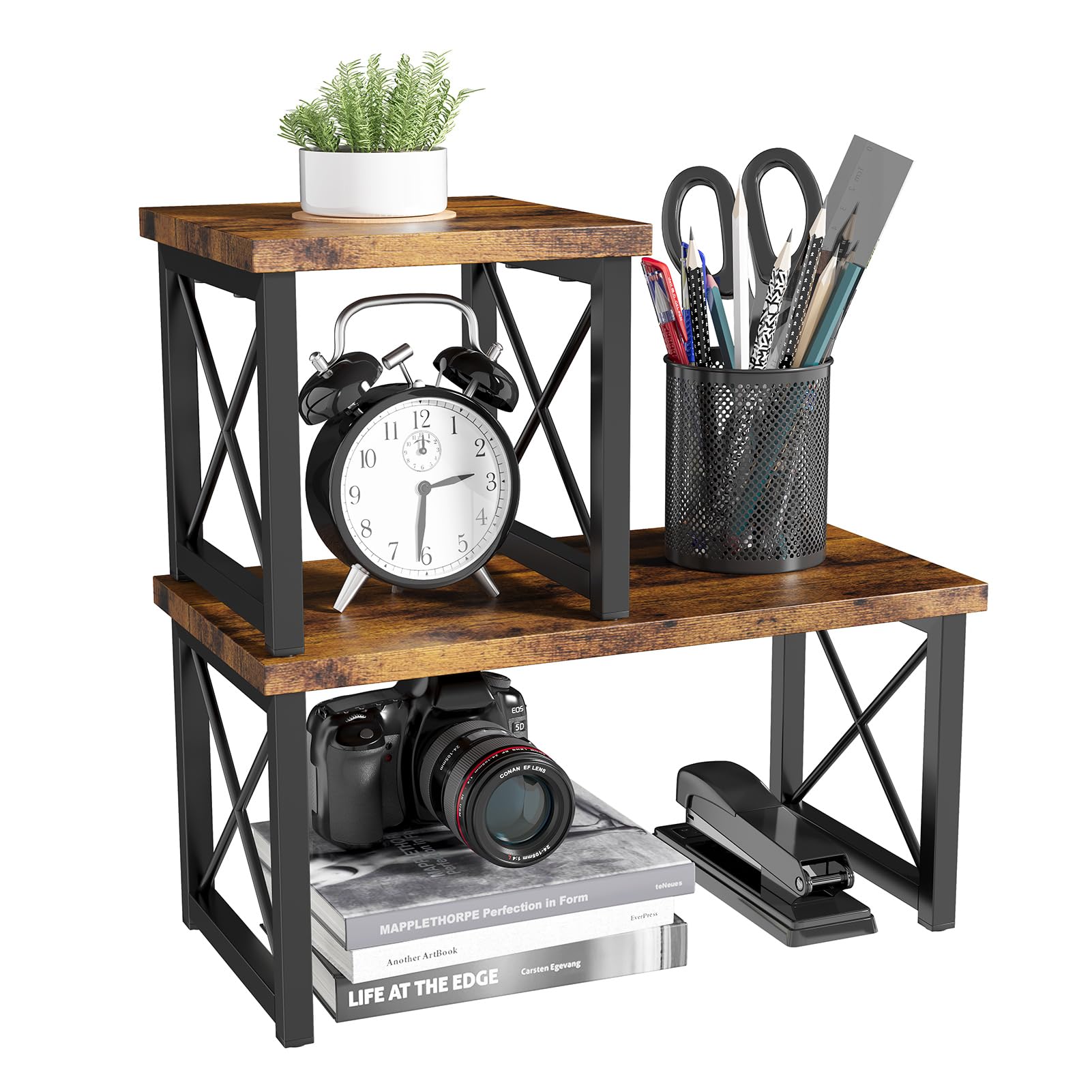 HavenlyYouth Desk Shelf, 2 Tier Wood Desktop Bookshelf, Adjustable Freestanding Stackable Desk