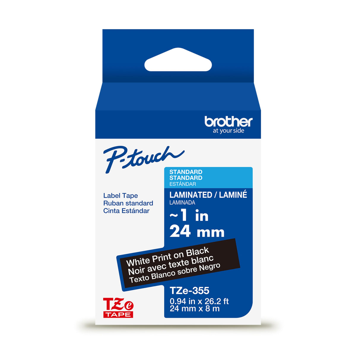 Brother Genuine P-Touch TZe White Print on Black Label Tape (TZe355), Laminated,1in x 26.2ft (24mm