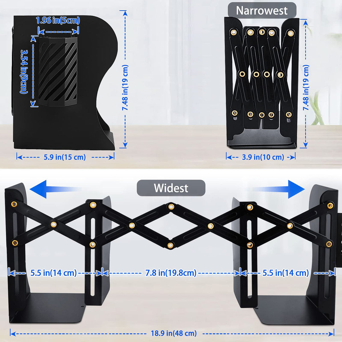 Heavy Duty Book Ends to Hold Books with Pen Holder, Adjustable Bookends, Metal Book Ends for
