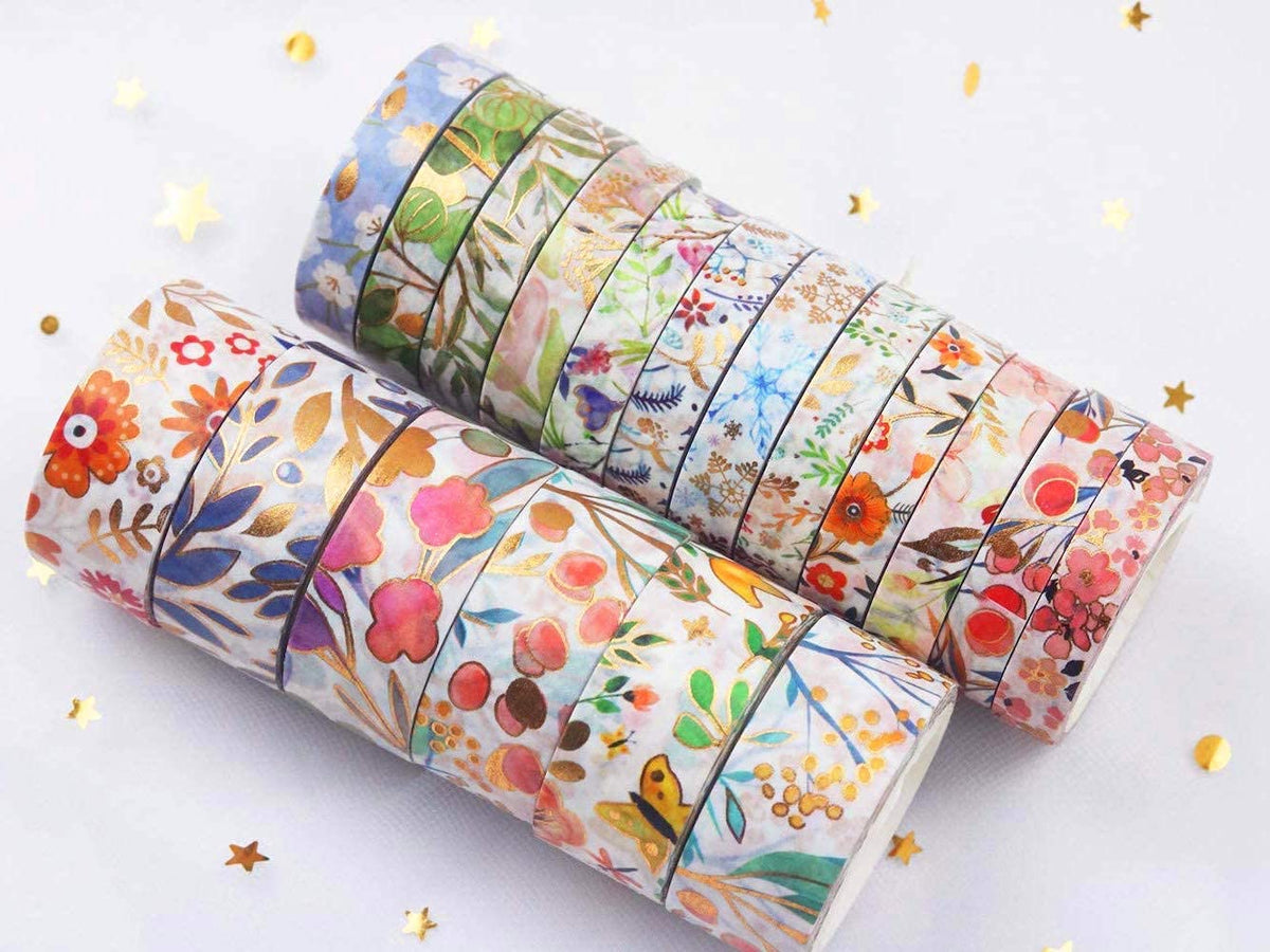 YUBX 18 Rolls Floral Gold Washi Tape Set VSCO Foil Masking Decorative for Arts, DIY Crafts, Journal