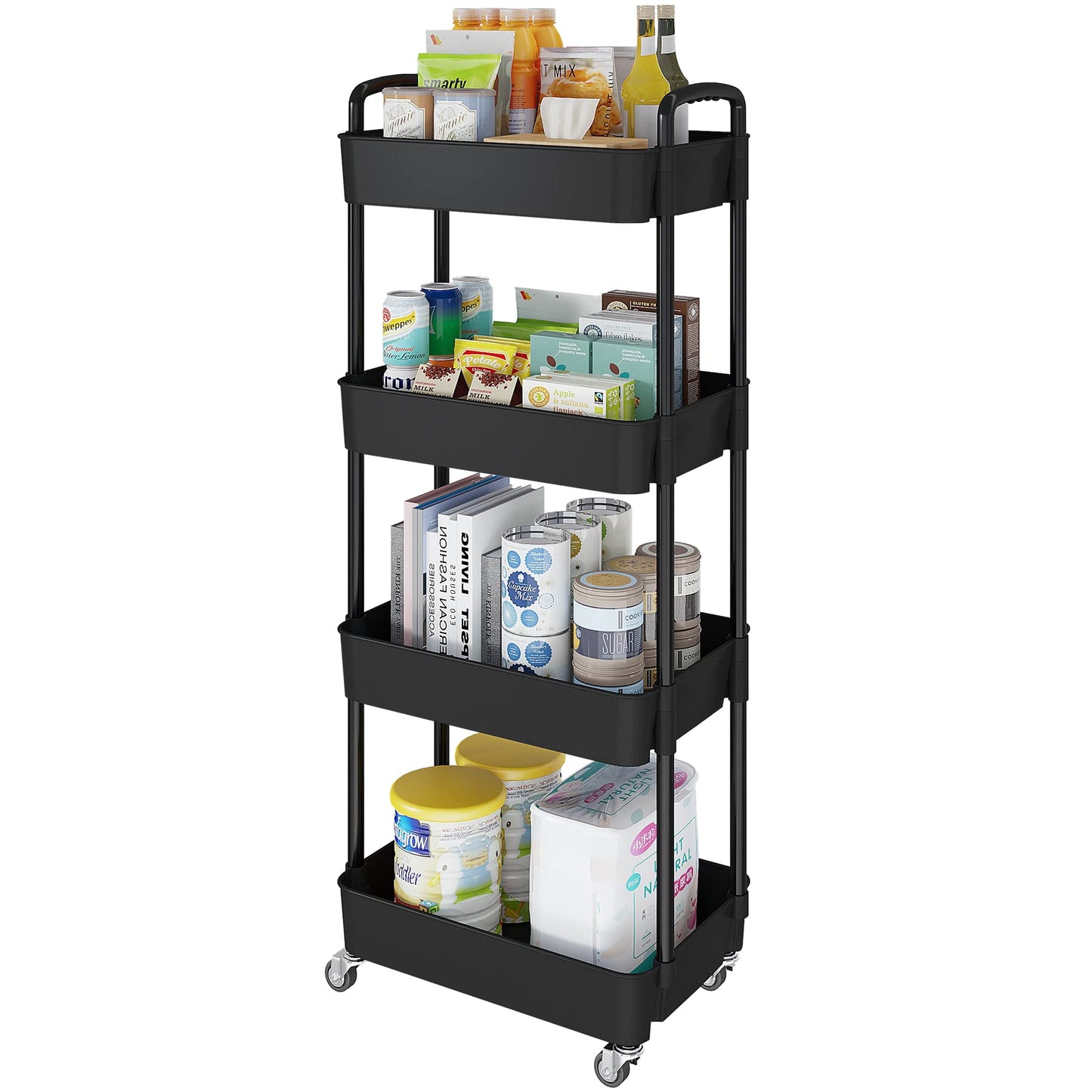4 Tier Rolling Cart with Wheels, Utility Storage Carts,Black