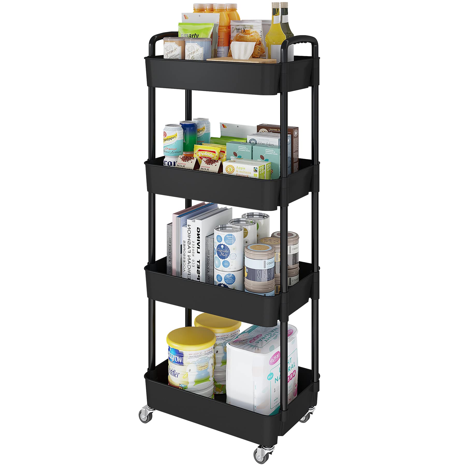4 Tier Rolling Cart with Wheels, Utility Storage Carts,Black