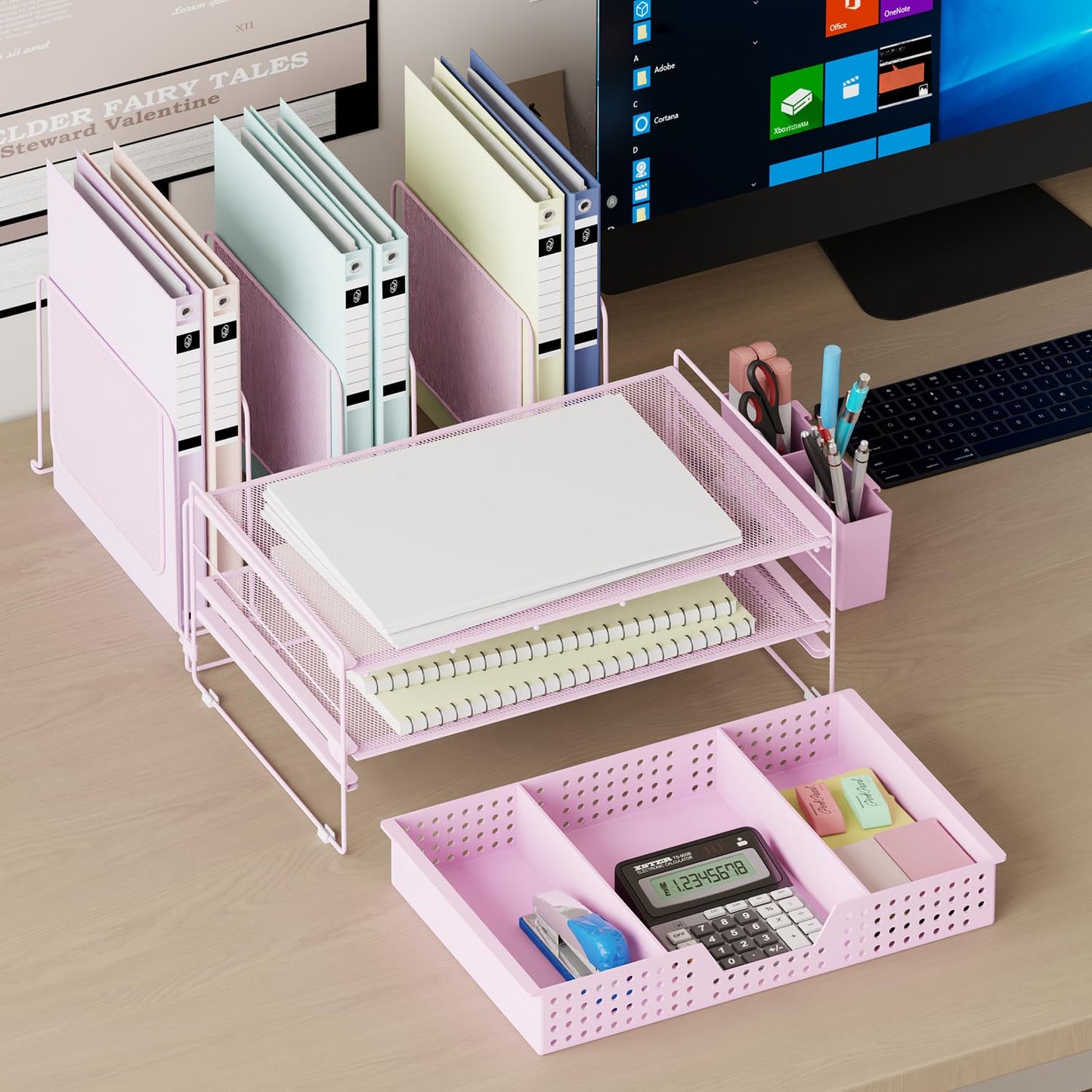 LEKETREE Pink Desk Organizer, Office Organization with Vertical File Holder, File Organizer with