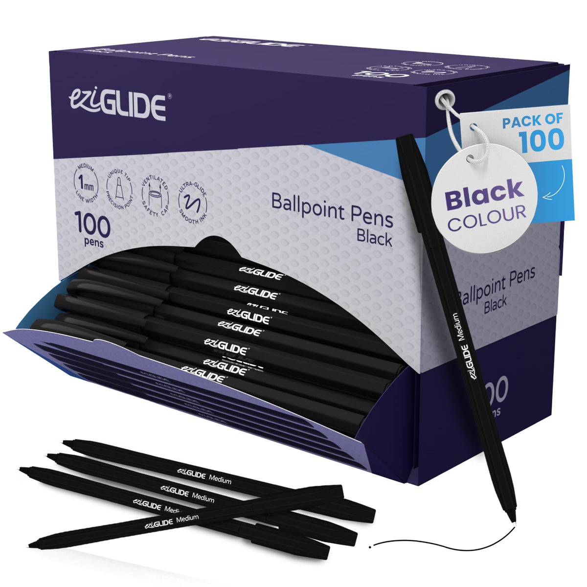 Eziglide Ballpoint Pens Black Ink 100-Pack, (1.0mm) Medium Point Nib Pens