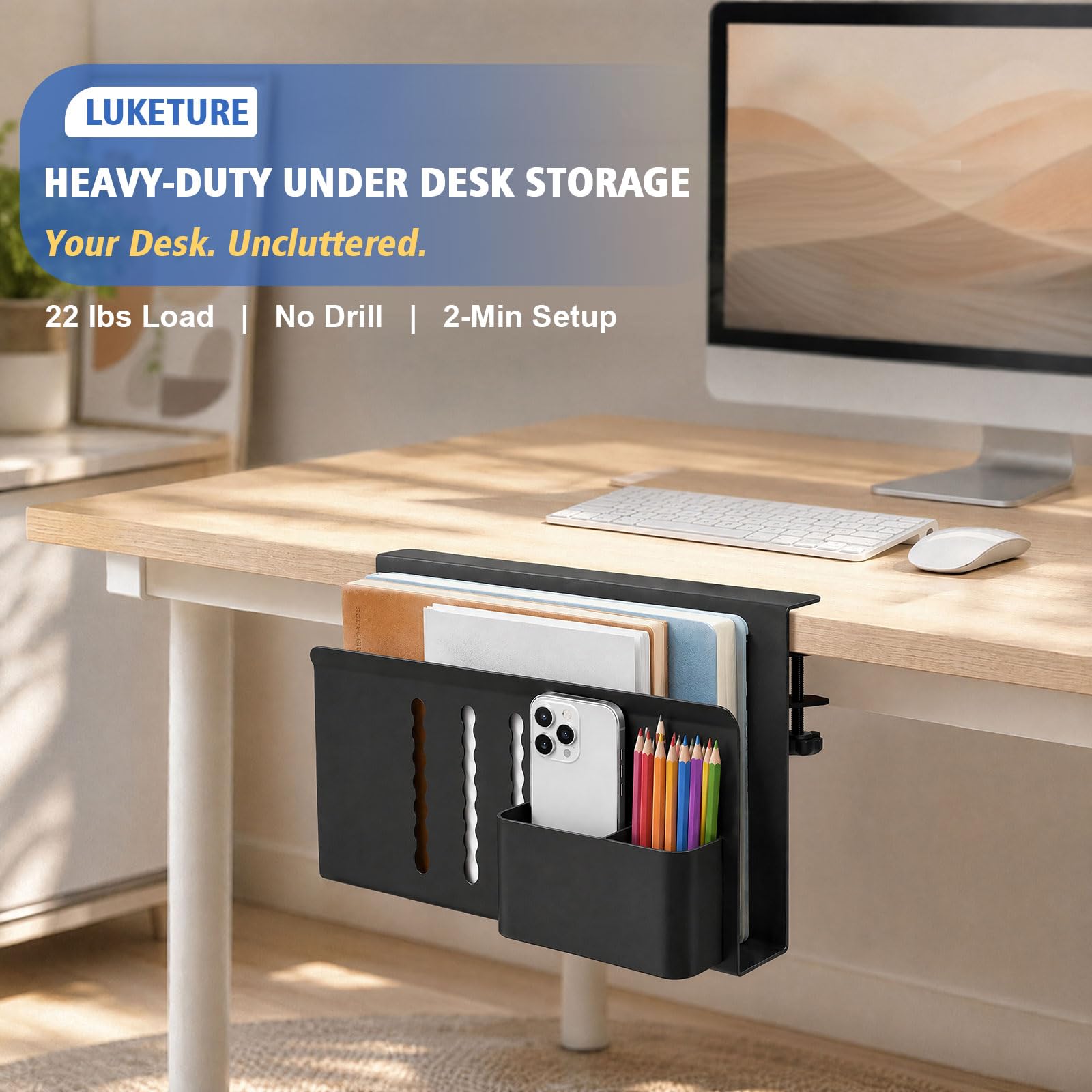 LUKETURE Desk Side Storage Laptop Holder No Drill Clamp On Organizer
