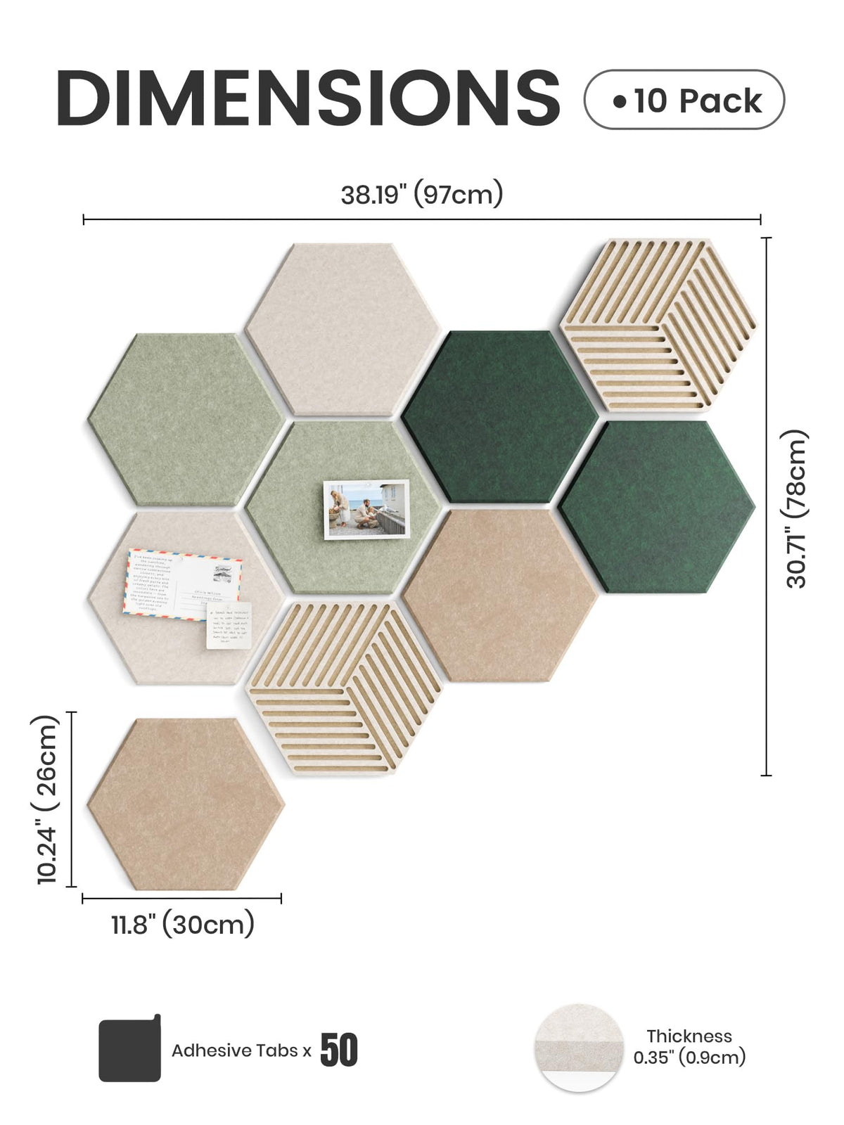 Fluxynara 10-Pack Hexagon Cork Board Alternative, Nordic Moss