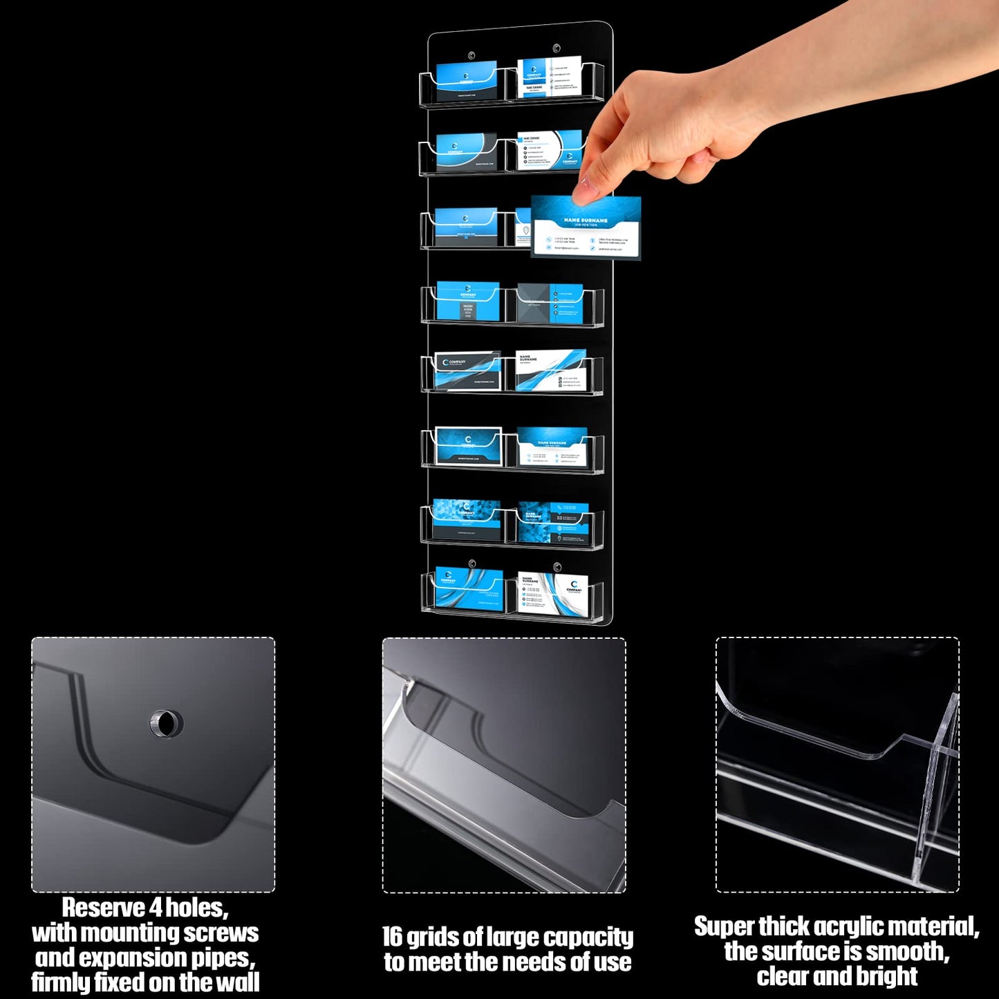 Lincia 2 Pcs Acrylic Business Card Holder, 59.5x20cm, 16 Pockets Vertical