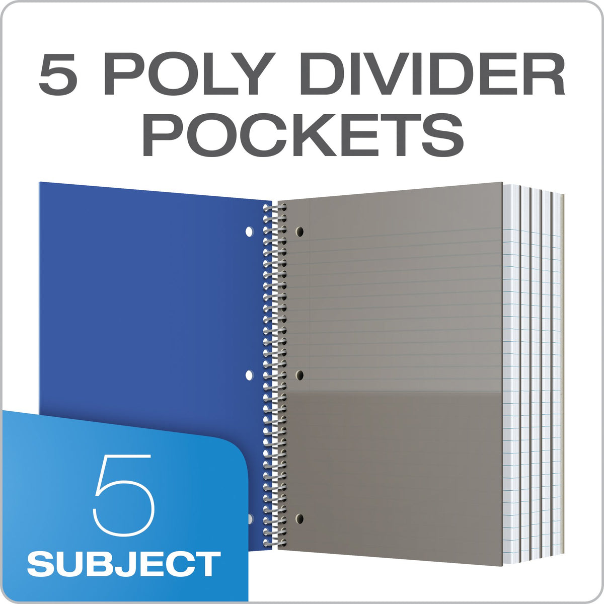 Oxford Spiral Notebooks, 5-Subject, Writing Journals, Wide Ruled Paper, Durable Plastic Cover, 200
