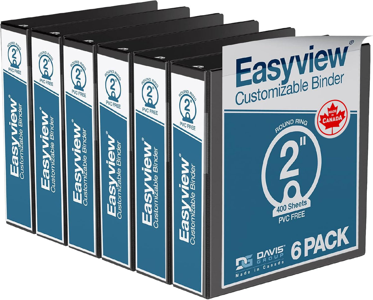 Easyview 3-Ring Binder, Clear-View Cover, 2" Round Rings, Black, 6 Pack
