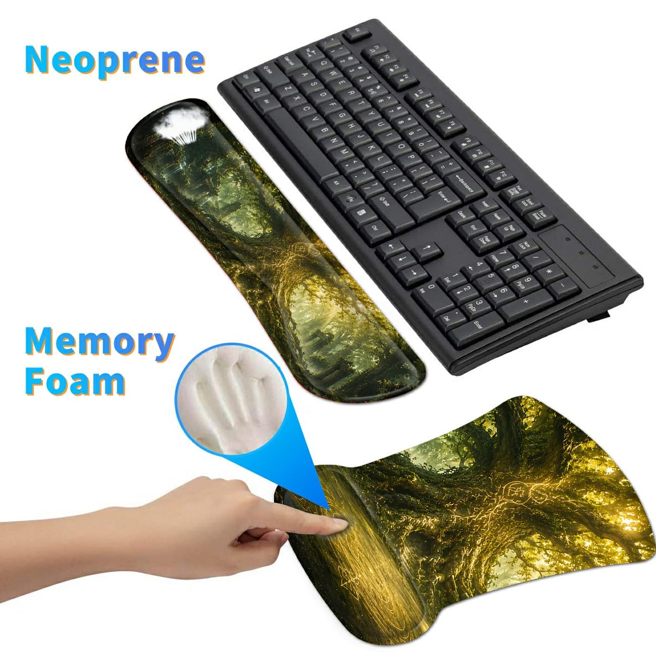 3-in-1 Ergonomic Memory Foam Keyboard Wrist Rest Pad Set, Forest Trees
