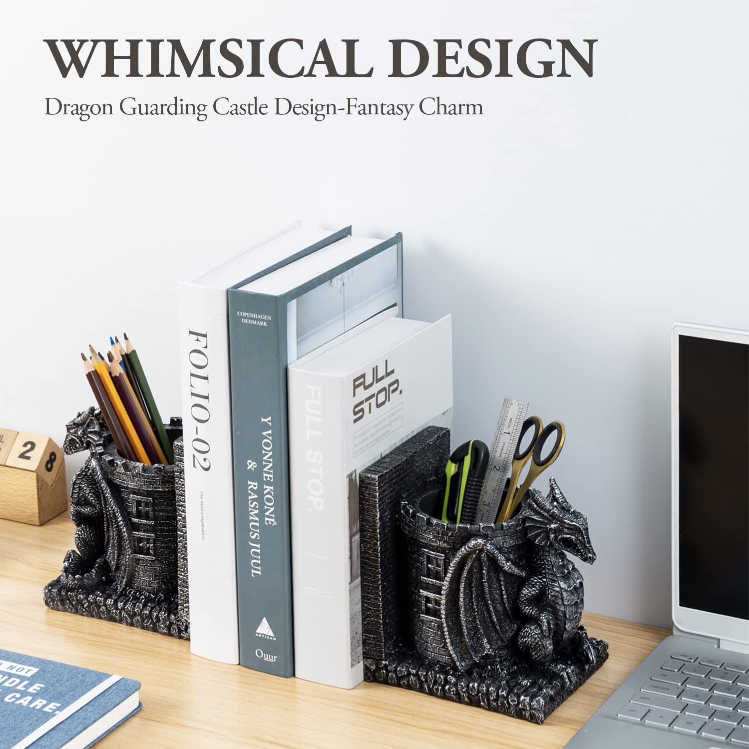 MyGift Gothic Dragon Bookends with Castle Pencil Cup, Black Resin, 1 Pair