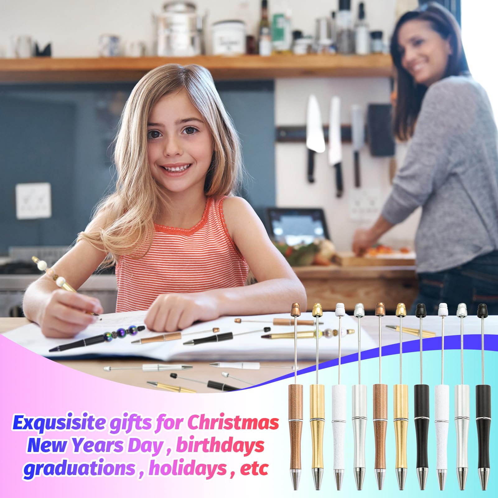 DASTTUIS 150 Pieces DIY Beadable Pens Kit - 50 plastic Beadable Pens Bulk, Refills & pen bags