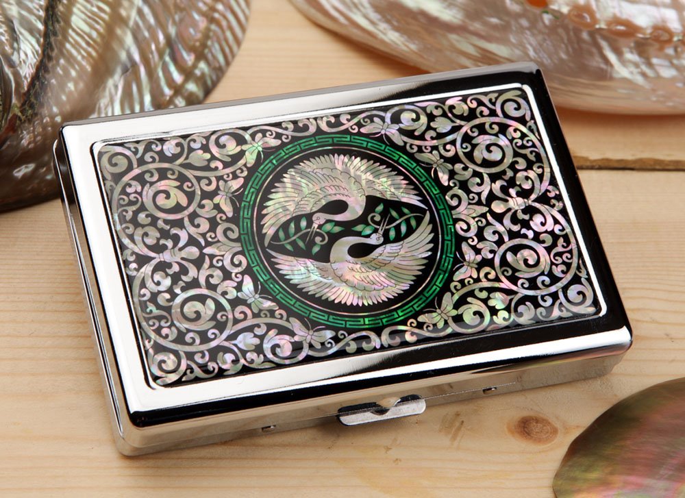 Mother of Pearl Double Crane Bird Extra Long 100S Super Slim King Size 16 Cigarette Engraved Metal