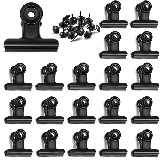 YUCHIYA 20 Pack Metal Clips with 20 Push-pins, Mini Binder Clips, Black (1.25 Inch)