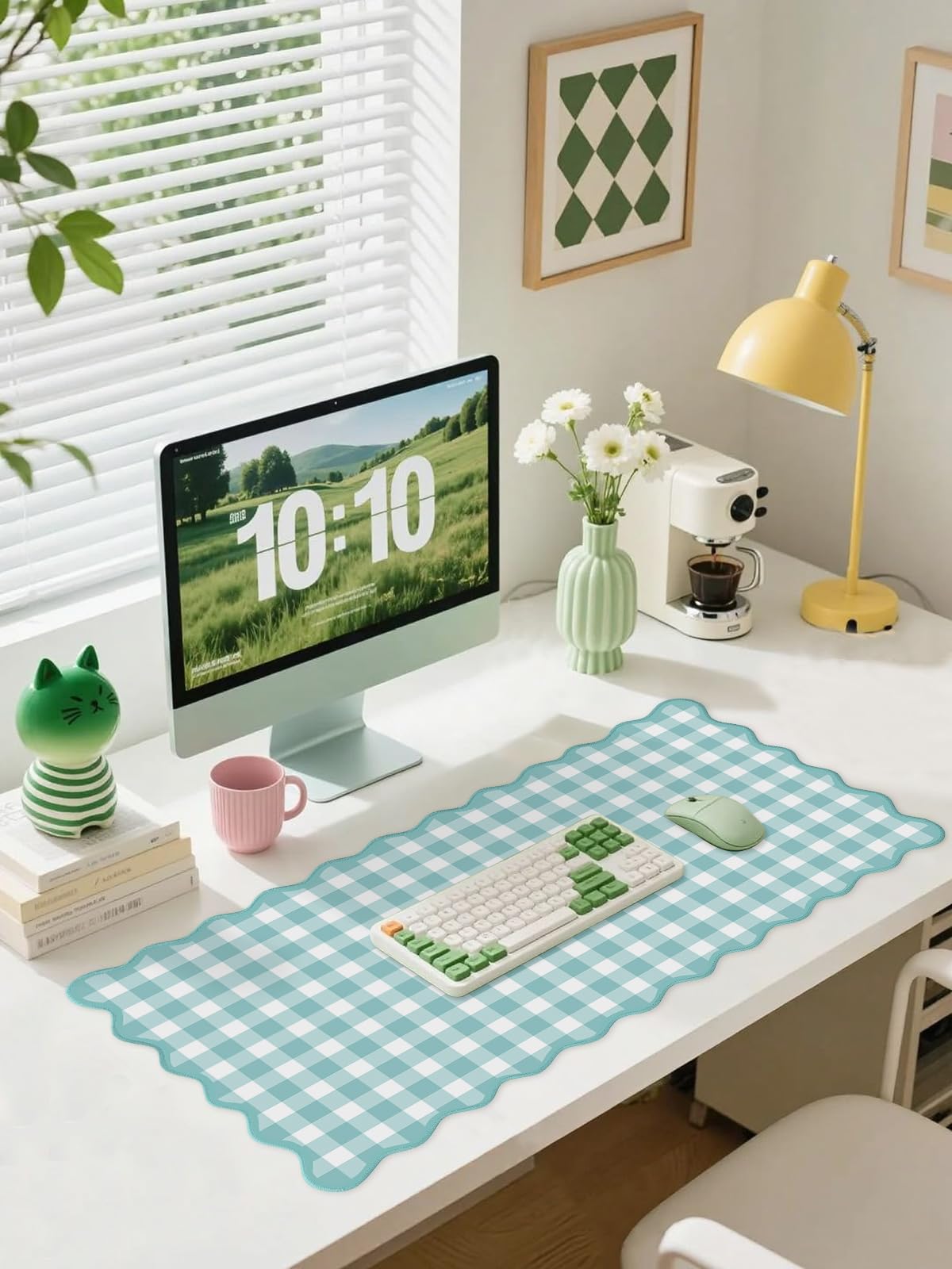 Scalloped‌ Teal Green Checkered Desk Mat Cute Pastel Large Gaming Mouse Pad Gingham Kawaii