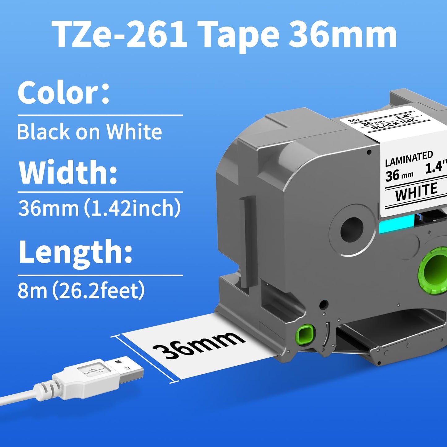 Replacement for Brother P Touch TZe-261 Tape 1.4 Inch Laminated White Tape