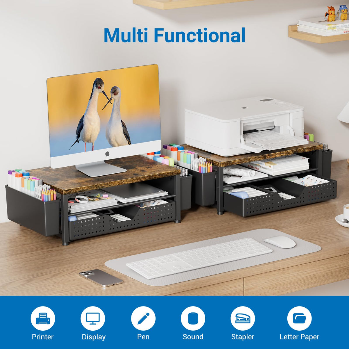 OPNICE Desk Organizers and Accessories, Computer Monitor Stand Riser with Drawer and 2 Pen Holders