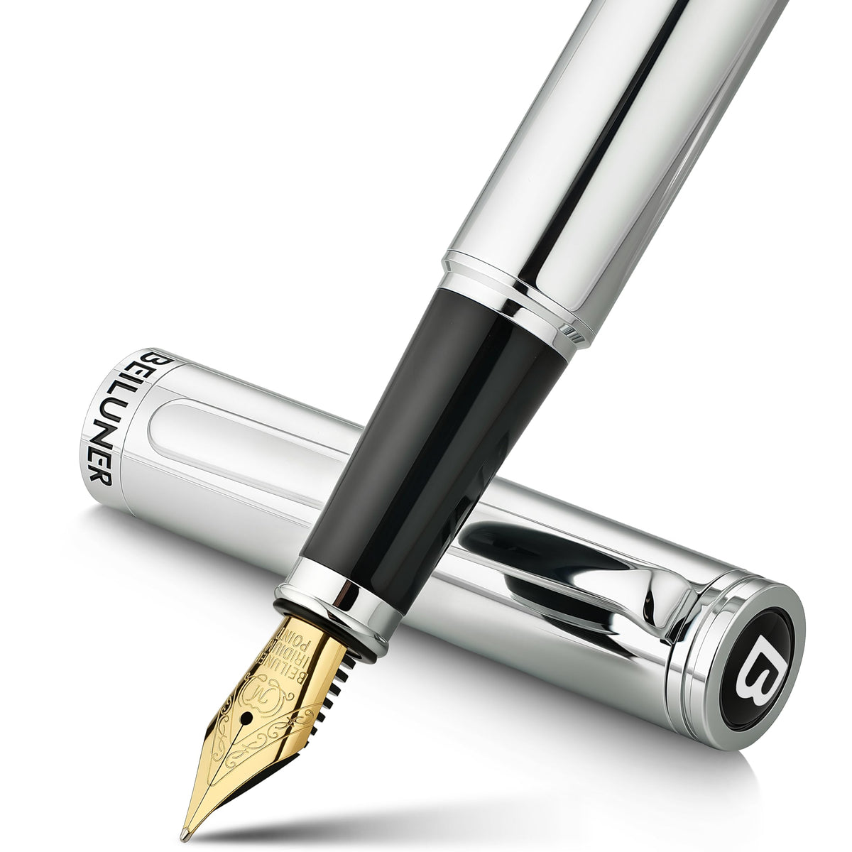 BEILUNER Silver Fountain Pen,Stunning Luxury Pens with Bright Silver Chrome, Gorgeous 24K Gilded