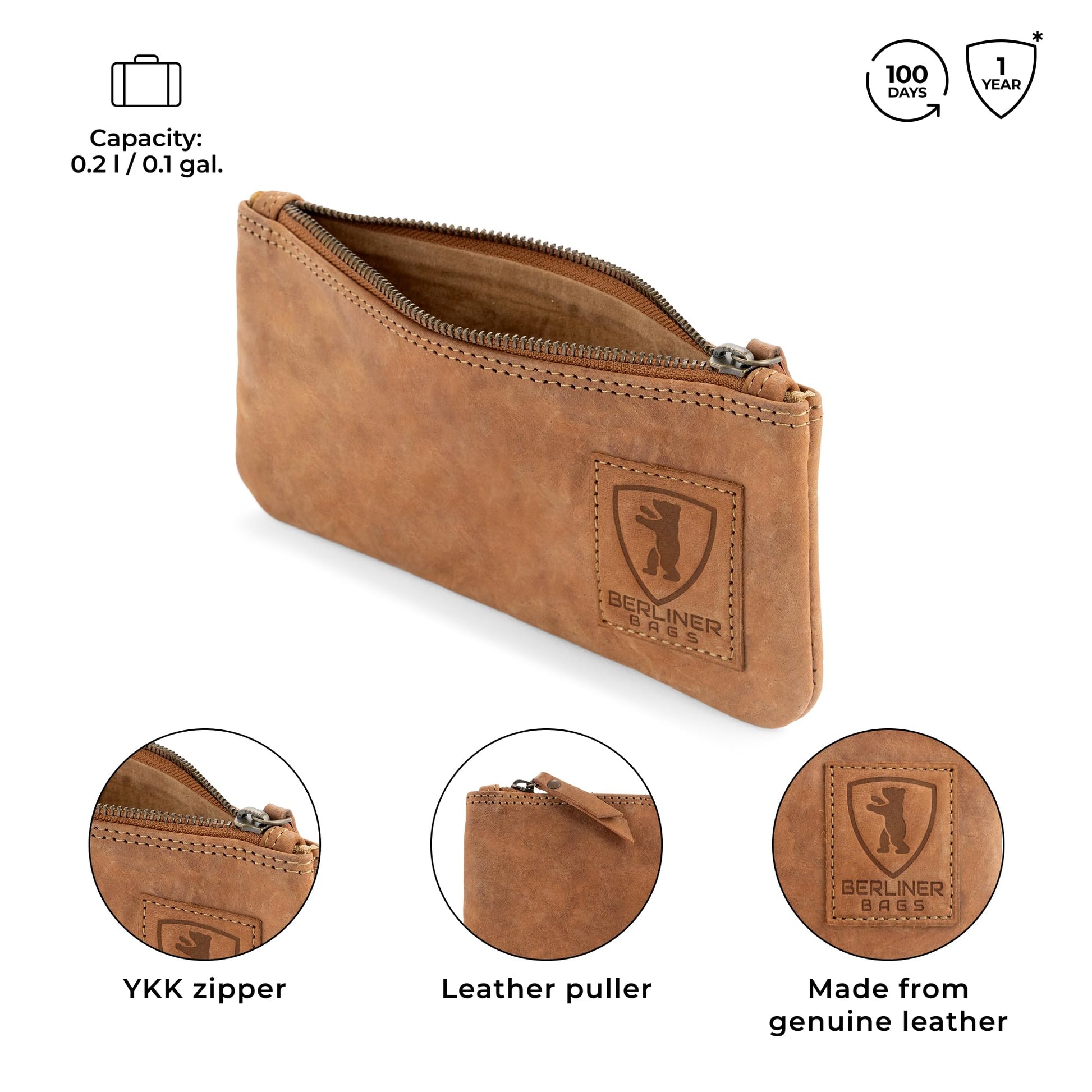 BERLINER BAGS Genuine Leather Pencil Case, Vintage Pen Pouch - Brown