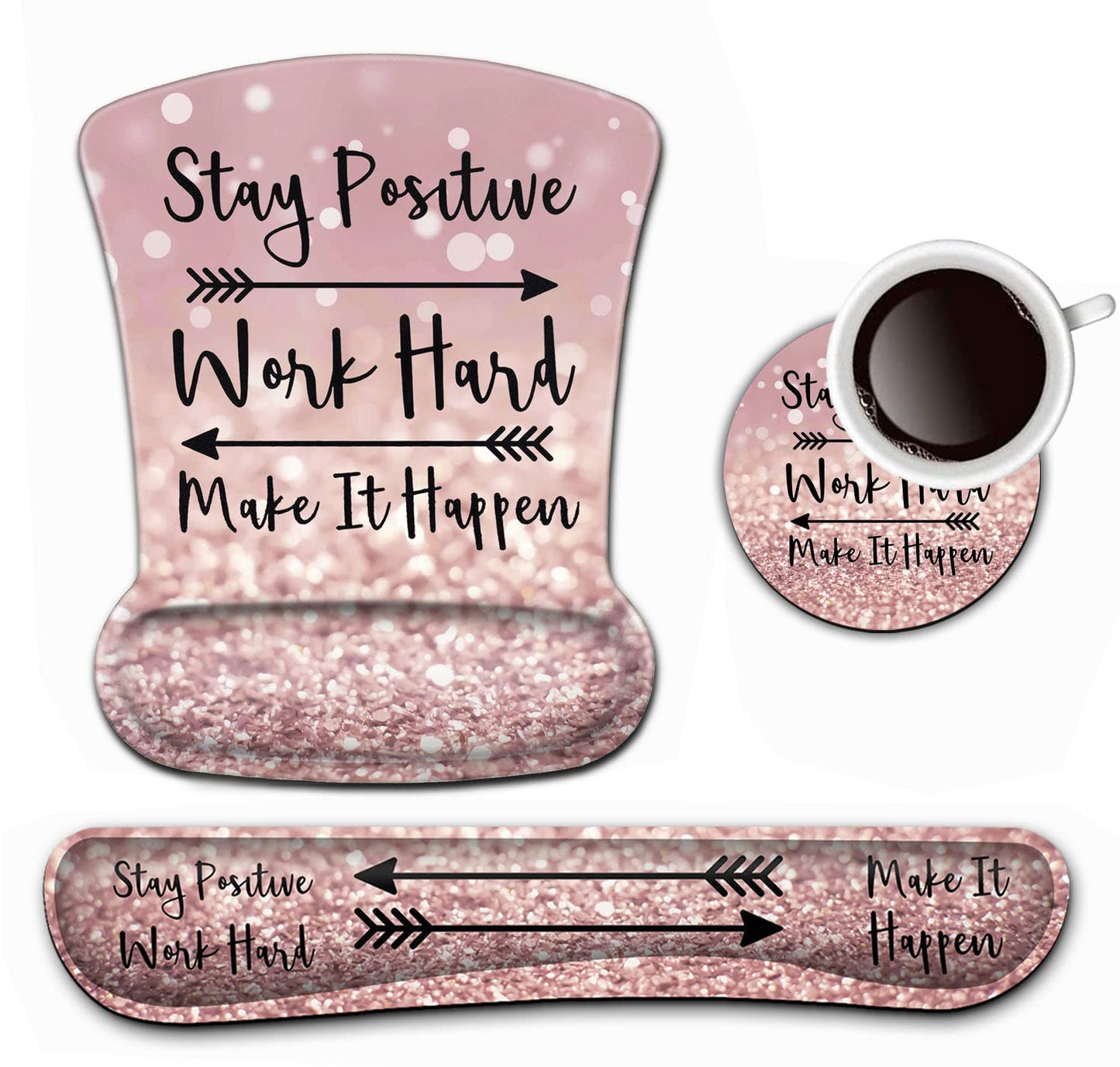 Keyboard Wrist Rest and Mouse Pad Wrist Support Set,Stay Positive Work Hard and Make It Happen Pink