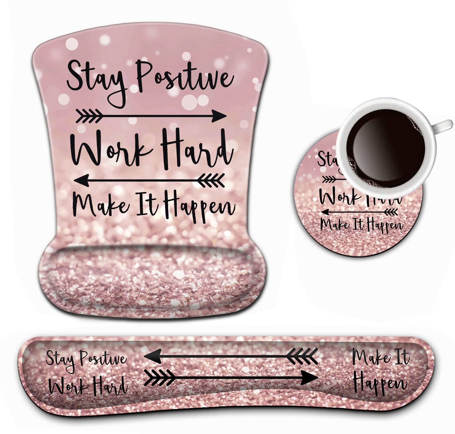 Keyboard Wrist Rest and Mouse Pad Wrist Support Set,Stay Positive Work Hard and Make It Happen Pink