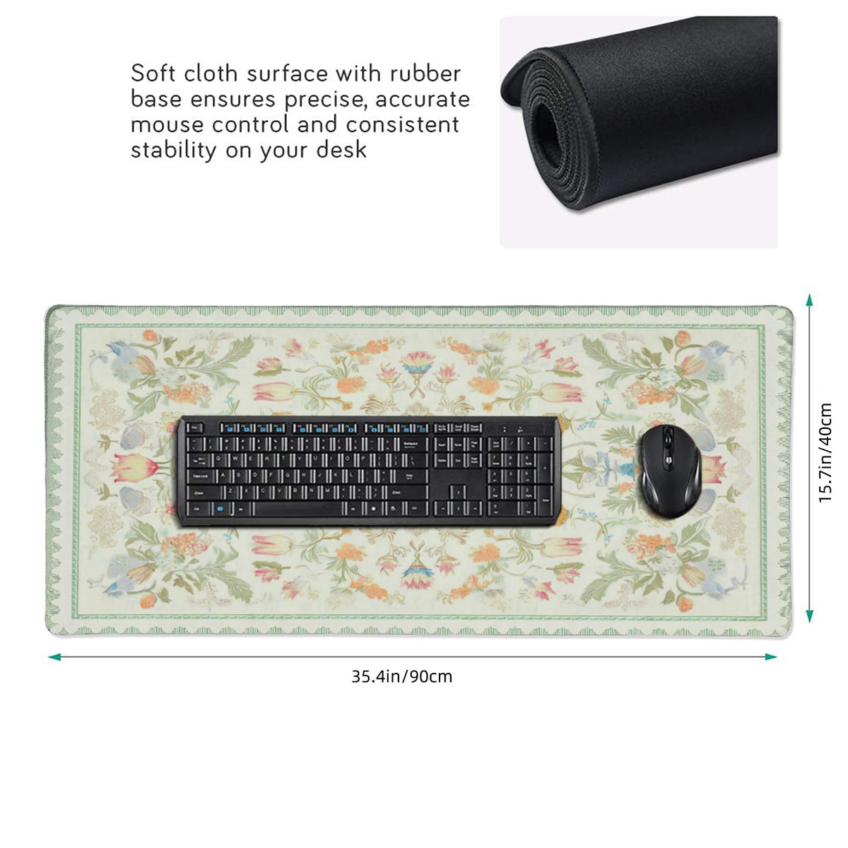 Sage Green Floral XXL Desk Mat - Cute Large Mouse Pad with Stitched Edges & Anti-Slip Base for